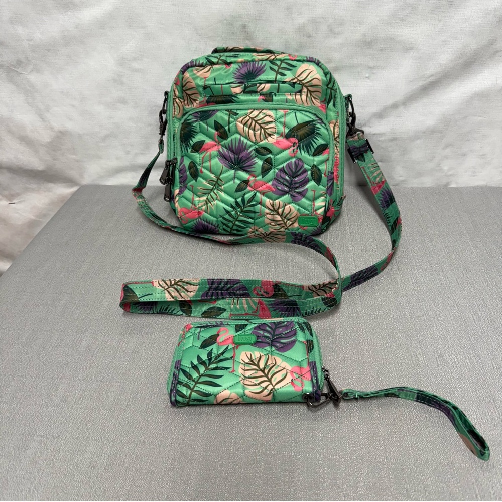 Lug Ranger Crossbody Green with Pink Flamingos with Matching Rodeo Wallet